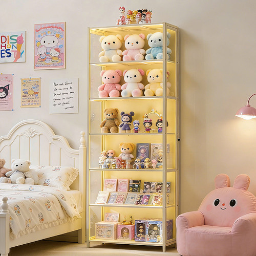 透明亚克力手办盲盒展示柜玩具防尘收纳盒家用奶油风带灯收纳柜