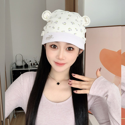 产后纯棉月子帽发带碎花清新
