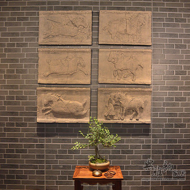 新中式仿古茶楼立体浮雕壁画无框树脂壁挂壁饰唐太宗爱驹昭陵六骏