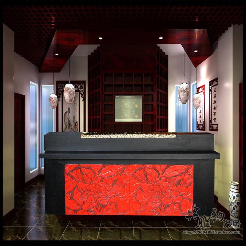 中式复古典家具花开富贵收银台前台接待台酒店商铺会所吧台迎宾台