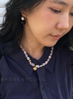 粉色天然石爱心串珠项链度假风