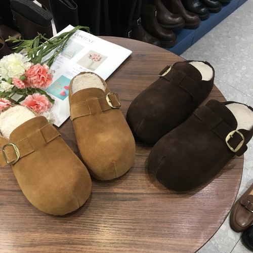 真皮皮带扣羊毛包头半拖鞋