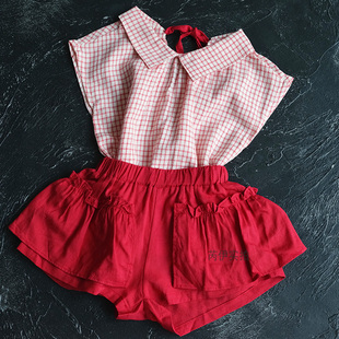 韩国原装进口夏款女童舒适露背娃娃领格子短袖上衣花边热裤短裤