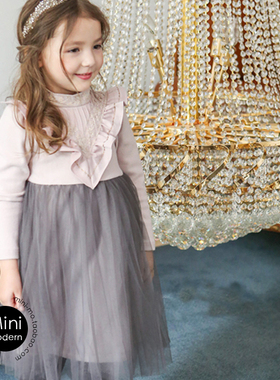 韩国原装进口Puell秋冬女童加绒加厚蝴蝶领小香风长袖连衣公主裙