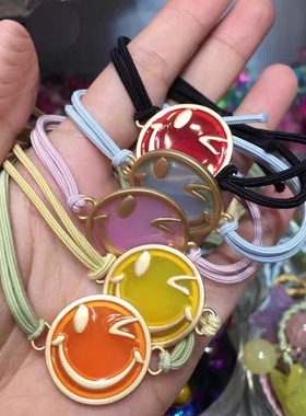 韩国原装进口bebe prince女童可爱开心金边笑脸彩色撞色圆球发绳