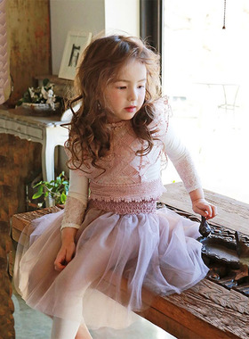 韩国原装进口Puell春秋薄款女童蝴蝶领蕾丝袖打底衫马甲半身裙裤