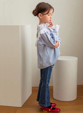 韩国原装进口TN春秋薄款女童舒适甜美大花边领公主卫衣喇叭牛仔裤