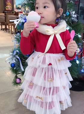 韩国原装进口春秋冬款女童舒适加绒加厚长袖蛋糕纱纱连衣裙拜年服