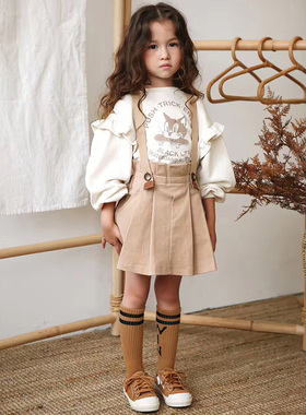 韩国原装进口春秋女童百褶束腰可拆背带裙 猫咪长袖卫衣 花边衬衣