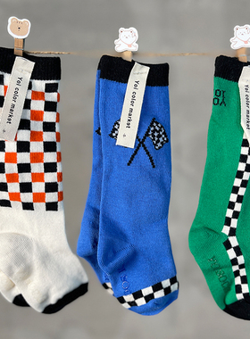 韩国原装进口秋冬女童设计师品牌旗帜格子绿色黄色系白+红中筒袜