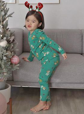 韩国原装进口LIME秋冬男女童可爱圣诞磨毛家居服套装豹纹秋衣秋裤