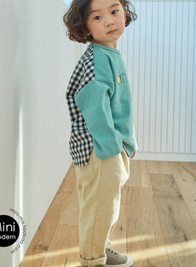 韩国原装进口 GROW UP春秋款男女童舒适百搭背后格子T恤 哈伦长裤