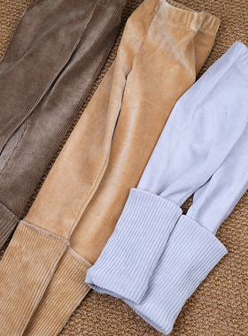 韩国原装进口Puell秋冬女童纯棉加厚蕾丝条纹豹纹假两件打底长裤