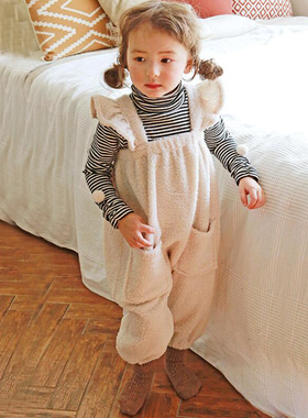 韩国原装进口Puell秋冬女童加厚长袖高领上衣 飞袖吊带毛圈连体衣