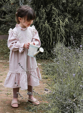 韩国原装进口puell春秋女童纯棉可爱花边领荷叶边长袖连衣公主裙