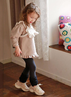 韩国原装Puell秋冬女童纯棉加绒加厚个性长袖卫衣裙翻边打底长裤