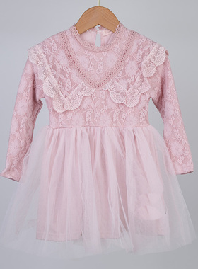 韩国原装进口PUELL春秋款女童纯棉长袖蕾丝花边公主礼服连衣纱裙