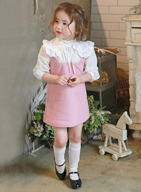 韩国原装进口Puell春秋女童纯棉蕾丝花边领长袖卫衣裙 舒适连衣裙