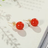 天然南红玛瑙耳钉18K金女耳饰精致樱桃红豆豆耳环高级感百搭素钉