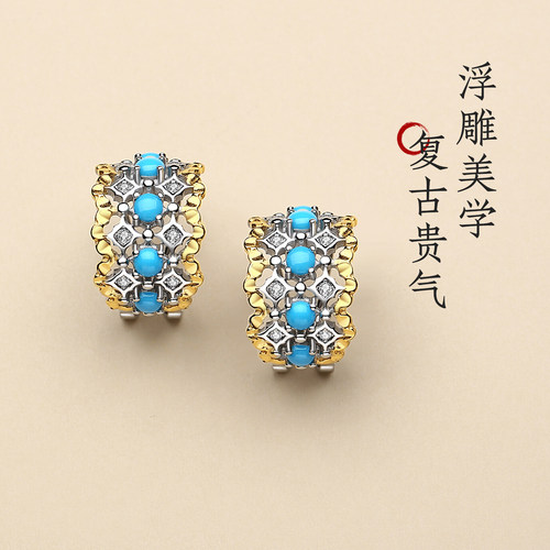 原矿绿松石纯银中古风耳扣