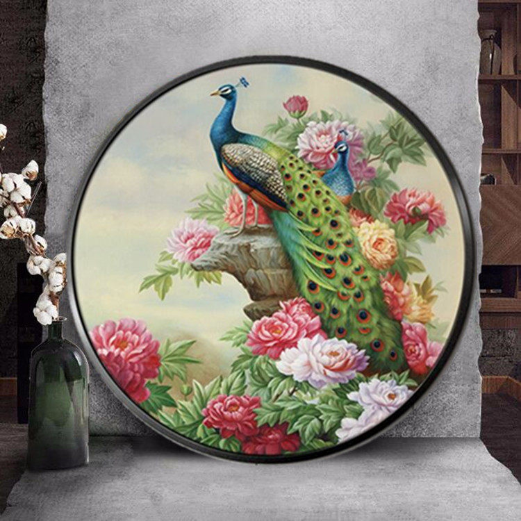 钻石画十字绣花开富贵牡丹孔雀新款小幅满钻客厅玄关圆形贴钻石绣