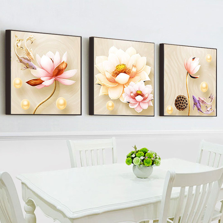 满钻钻石画十字绣鲤鱼戏荷花莲花三联画大幅新款客厅简约现代钻绣