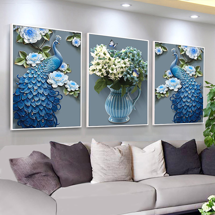 满钻钻石画十字绣孔雀花瓶三联画大幅2018新款客厅现代简约点钻绣