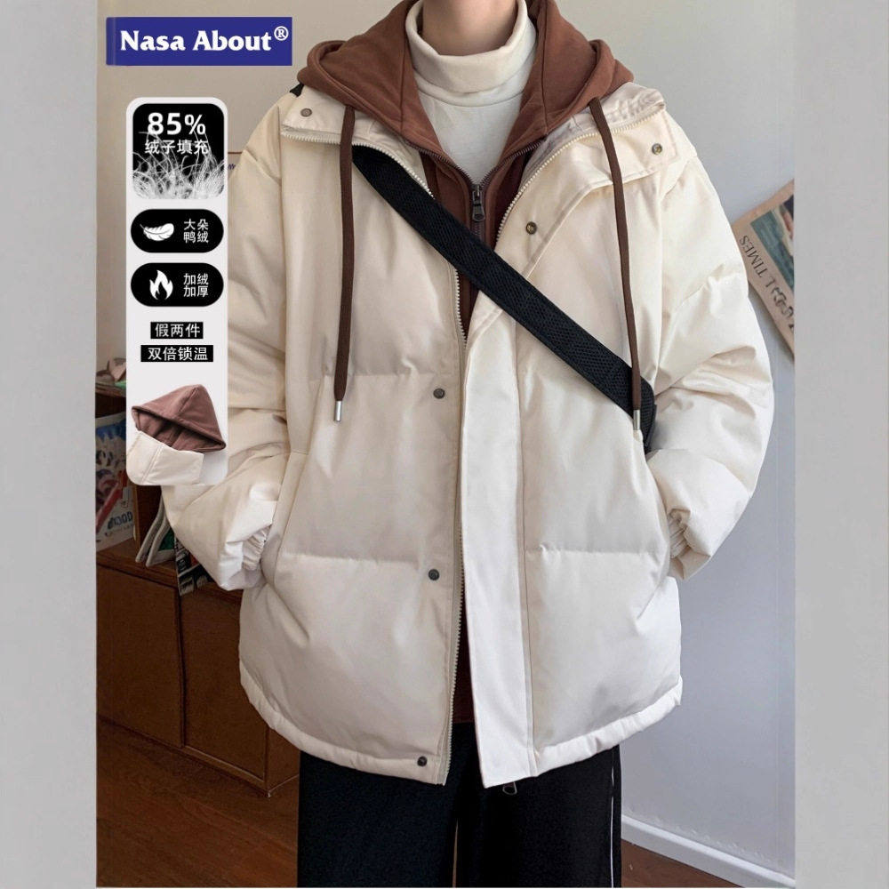 NASA假两件卫衣羽绒服男冬季2024新款加厚青少年痞帅情侣外套冬装