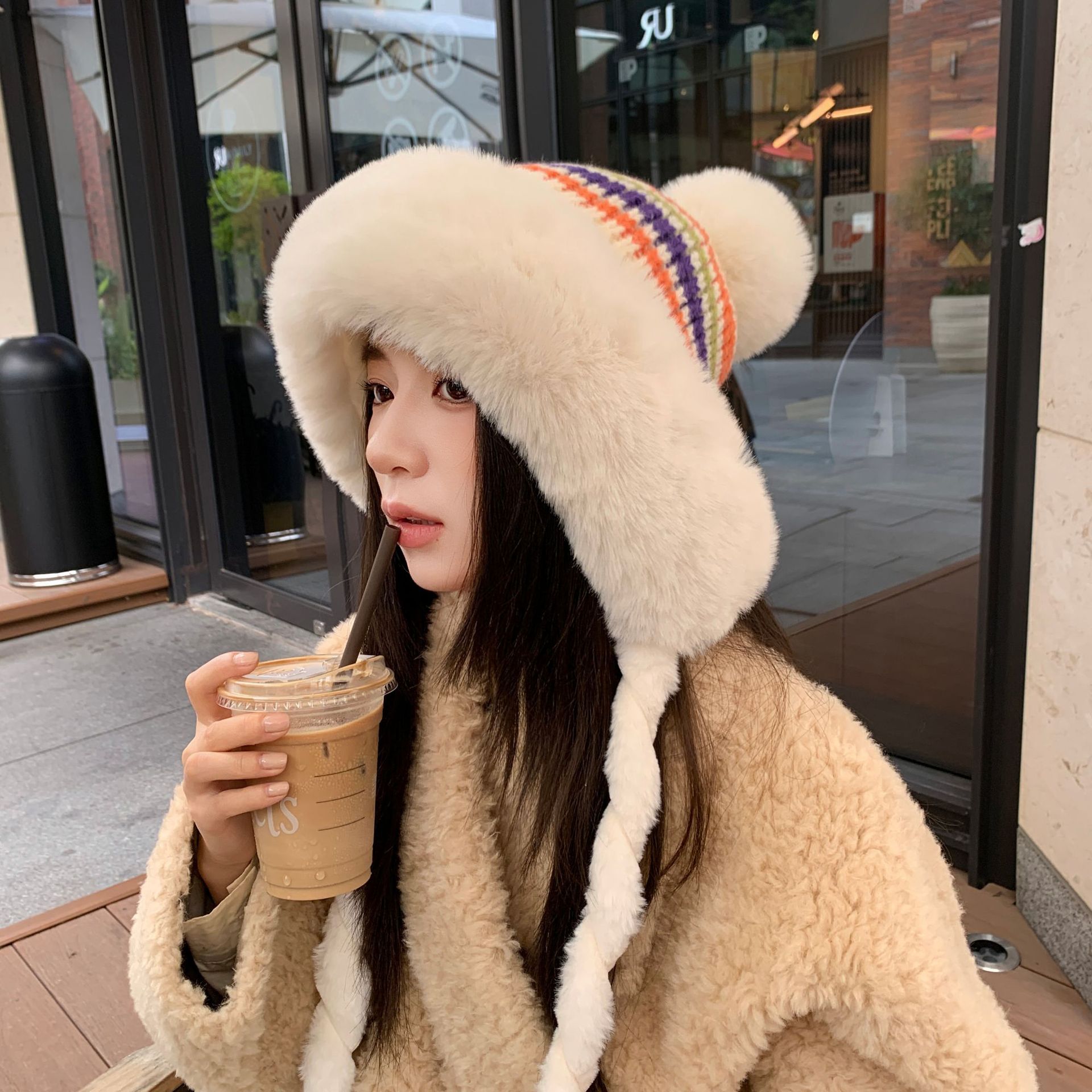 2025新款彩色渐变条纹大毛边针织帽子女秋冬季加厚亲肤保暖百搭潮