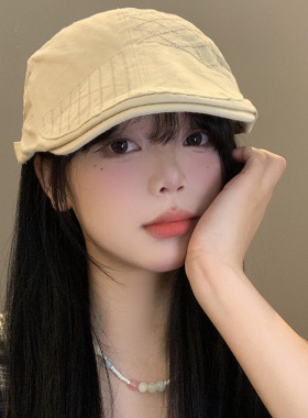 复古棕色反戴前进帽女秋季百搭日系贝雷帽大头围画家帽显脸小帽子