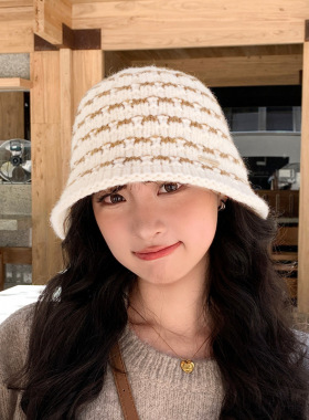 条纹渔夫帽子女秋冬大头围素颜遮脸针织毛绒水桶帽显脸小毛线