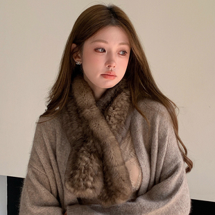 奢华雪兔毛皮草围巾冬女仿紫貂色编织双面毛毛围巾高级感保暖围脖