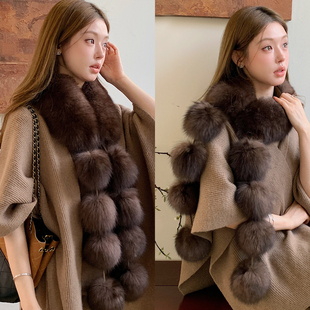 新款高级感秋冬时髦保暖八球灵动毛球定染狐狸毛围脖皮草围巾双面