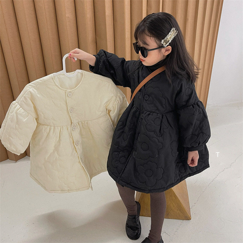 女童宝宝加厚棉服2024冬装韩版新款儿童刺绣泡泡袖夹棉棉衣外套