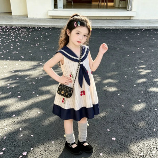 儿童装女童裙子学院风深蓝拼色甜美连衣裙公主裙2026夏季新款外贸