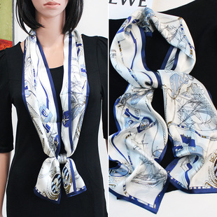 真丝窄细长条丝巾桑蚕丝领巾多功能网红同款素绉缎面双层百搭飘带