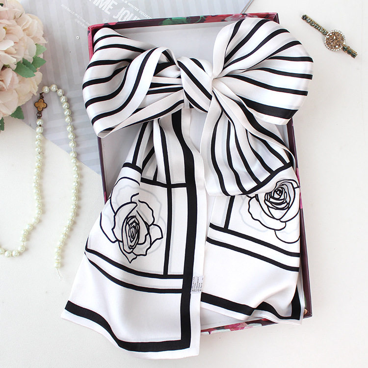 桑蚕丝丝巾韩国新款山茶花长款双层双面真丝围巾细窄长领巾飘带