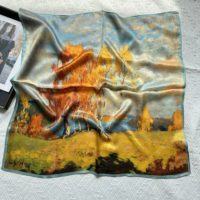 桑蚕丝油画白桦林印花真丝围巾