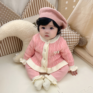 拉果拉贝贝园秋冬女宝宝毛衣针织开衫 婴儿粉色公主两件套 裤 子套装