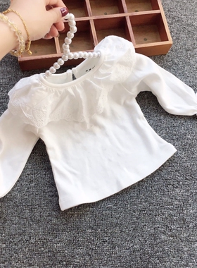 ins宝宝白色打底衫公主春秋上衣女婴儿秋装白色打底衣纯棉翻领t恤