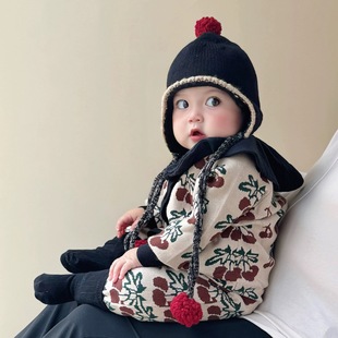 网红宝宝帽子婴儿毛球针织帽秋冬男宝女宝护耳帽复古风保暖毛线帽