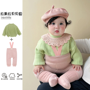 拉果拉婴儿外出冬装宝宝荧绿色毛衣针织衫浅粉加绒举重裤外出套装