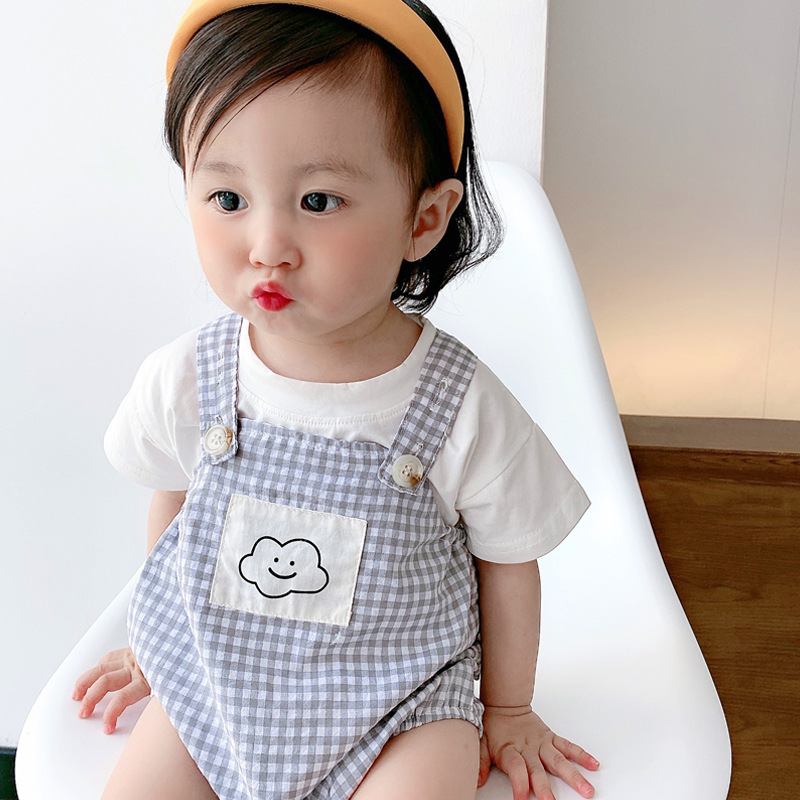 韩国婴儿夏装半袖上衣背带裤哈衣套装洋气女宝宝夏季新生儿连体衣