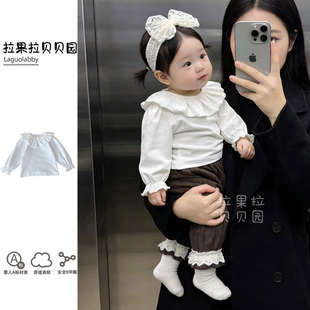 INS拉果拉婴儿春装女宝宝婴幼童密拷荷叶领长袖打底衫T恤内搭上衣