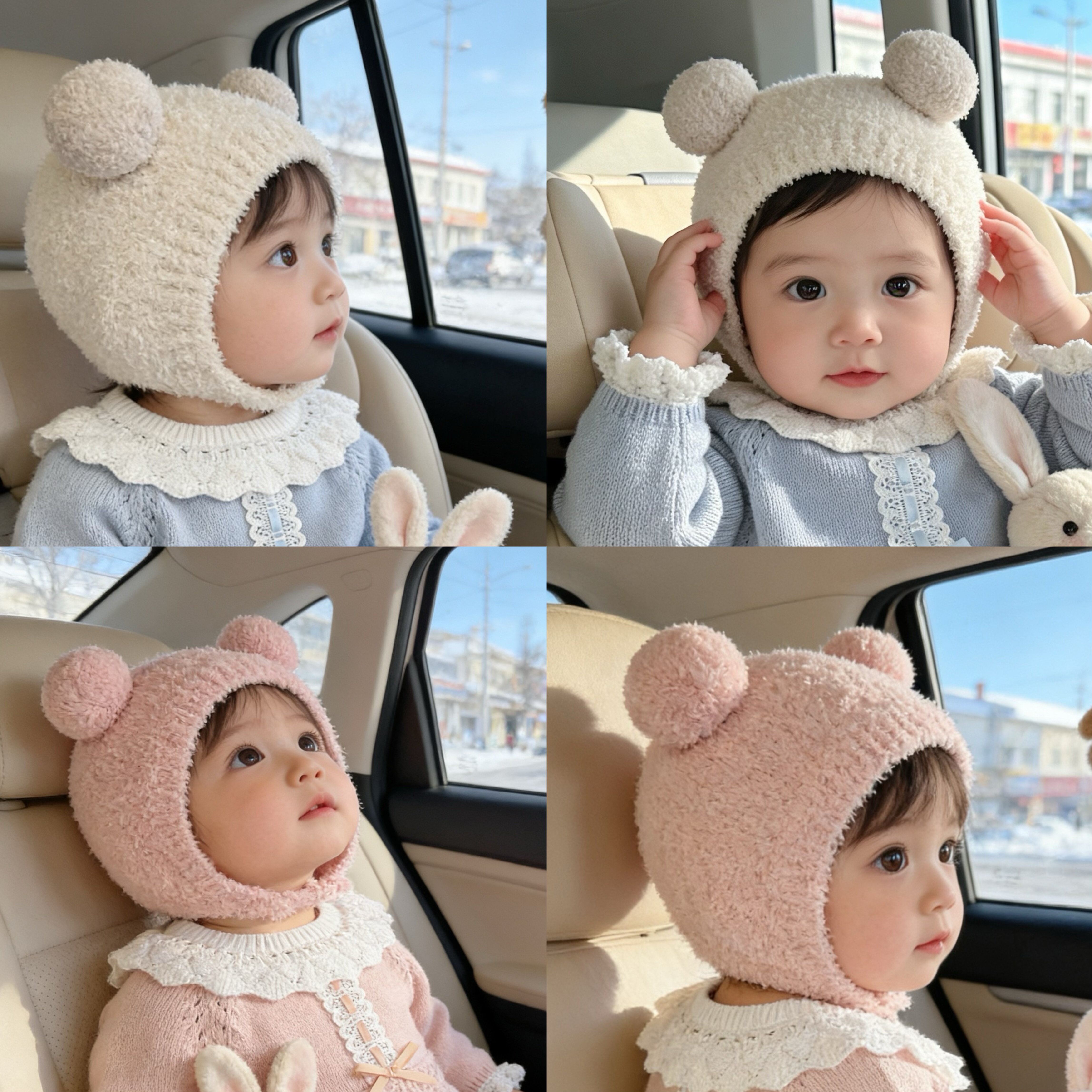 拉果拉婴儿帽子半边绒针织帽可爱小熊球球帽宝宝秋冬加绒保暖护帽