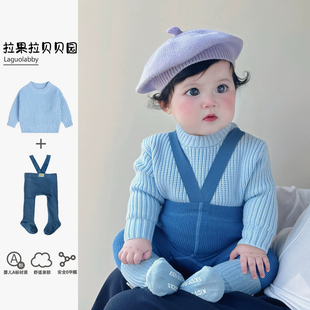 拉果拉宝宝多巴胺穿搭秋冬新款男童女童针织毛衣背带举重裤袜套装