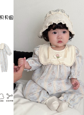 拉果拉女宝宝2026秋装浅蓝色婴儿连体衣公主碎花泡泡袖长袖包屁衣