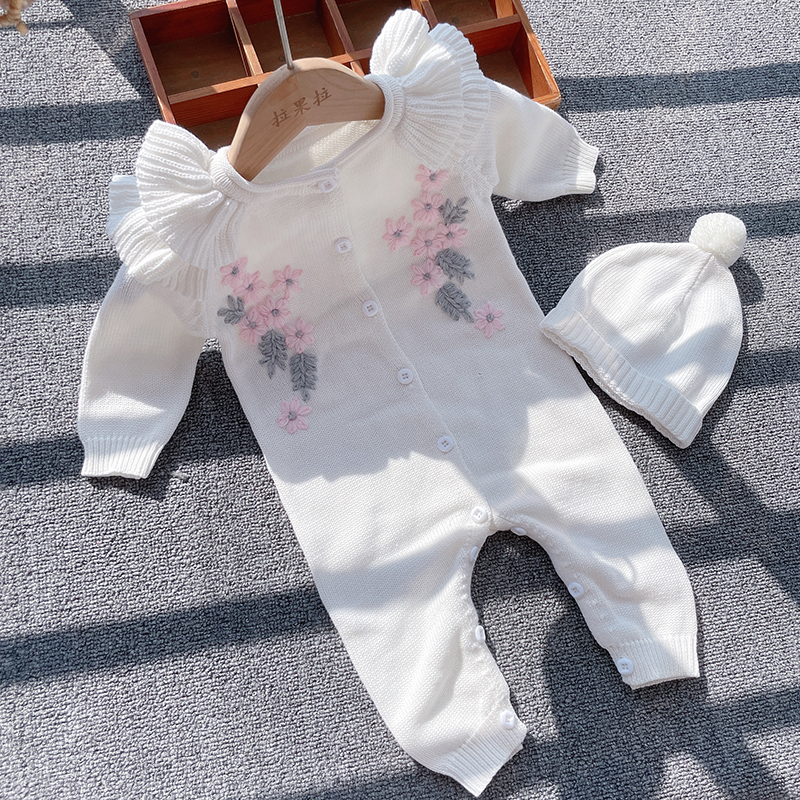 韩国爬服秋季婴儿连体衣针织手工绣花哈衣春秋女宝宝百天公主礼服