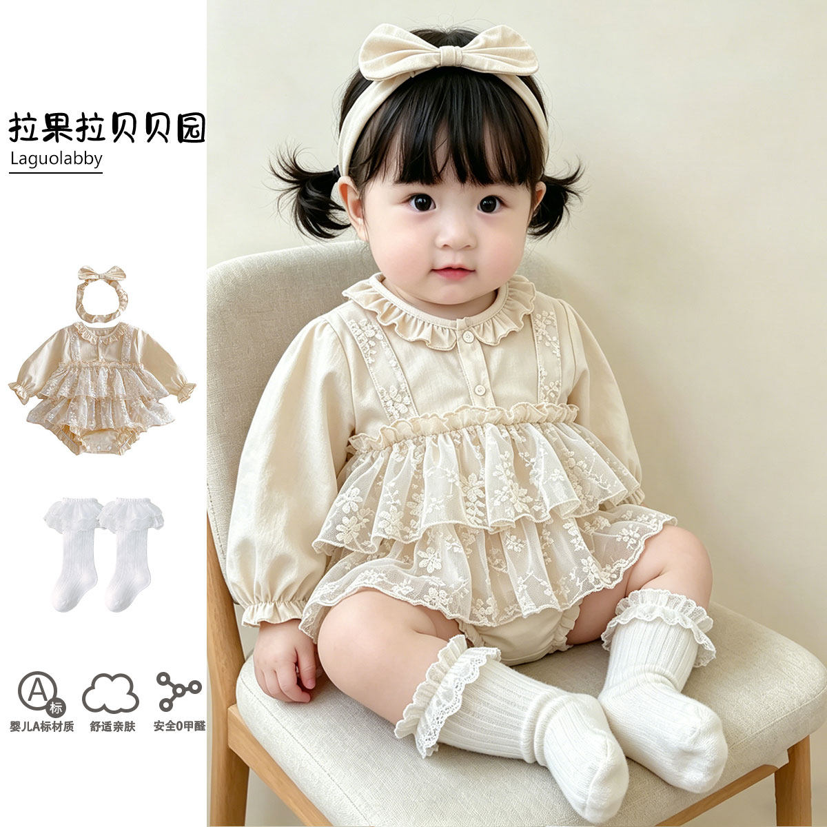 拉果春季婴幼儿小公主衣服女宝蕾丝包屁裙新生儿百天周岁礼服套装