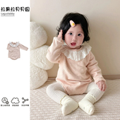爬服 针织衫 婴儿秋装 女宝宝细针棉线毛衣连体衣甜美公主包屁衣套装